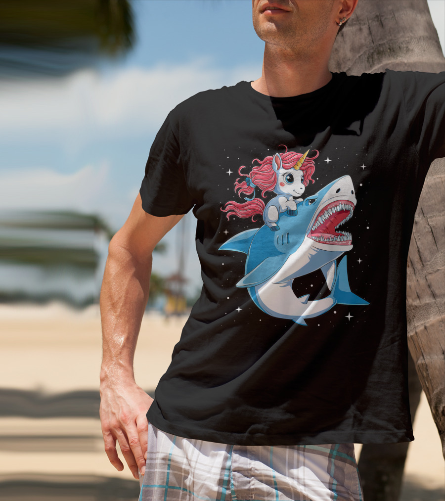 Unicorn Riding Shark In Space Galaxy Adventure T-Shirt