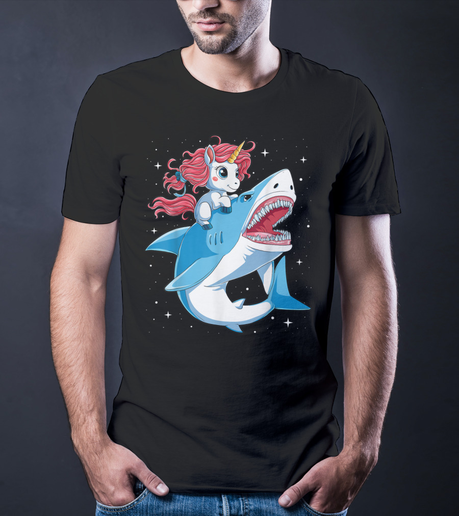 Unicorn Riding Shark In Space Galaxy Adventure T-Shirt