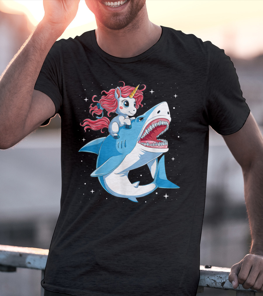 Unicorn Riding Shark In Space Galaxy Adventure T-Shirt