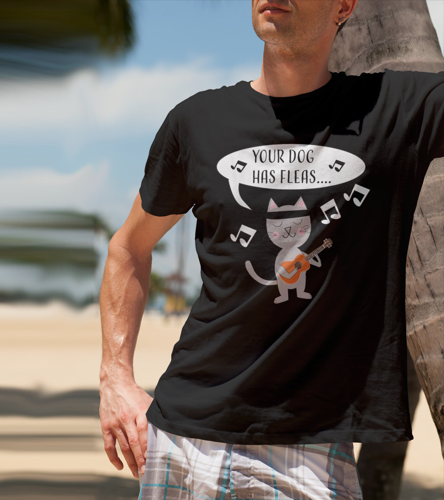 Ukulele Cat Playing Your Dog Has Fleas Tune With Music Notes T-Shirt