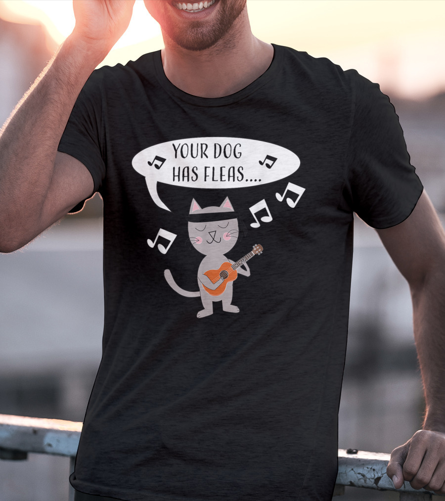 Ukulele Cat Playing Your Dog Has Fleas Tune With Music Notes T-Shirt