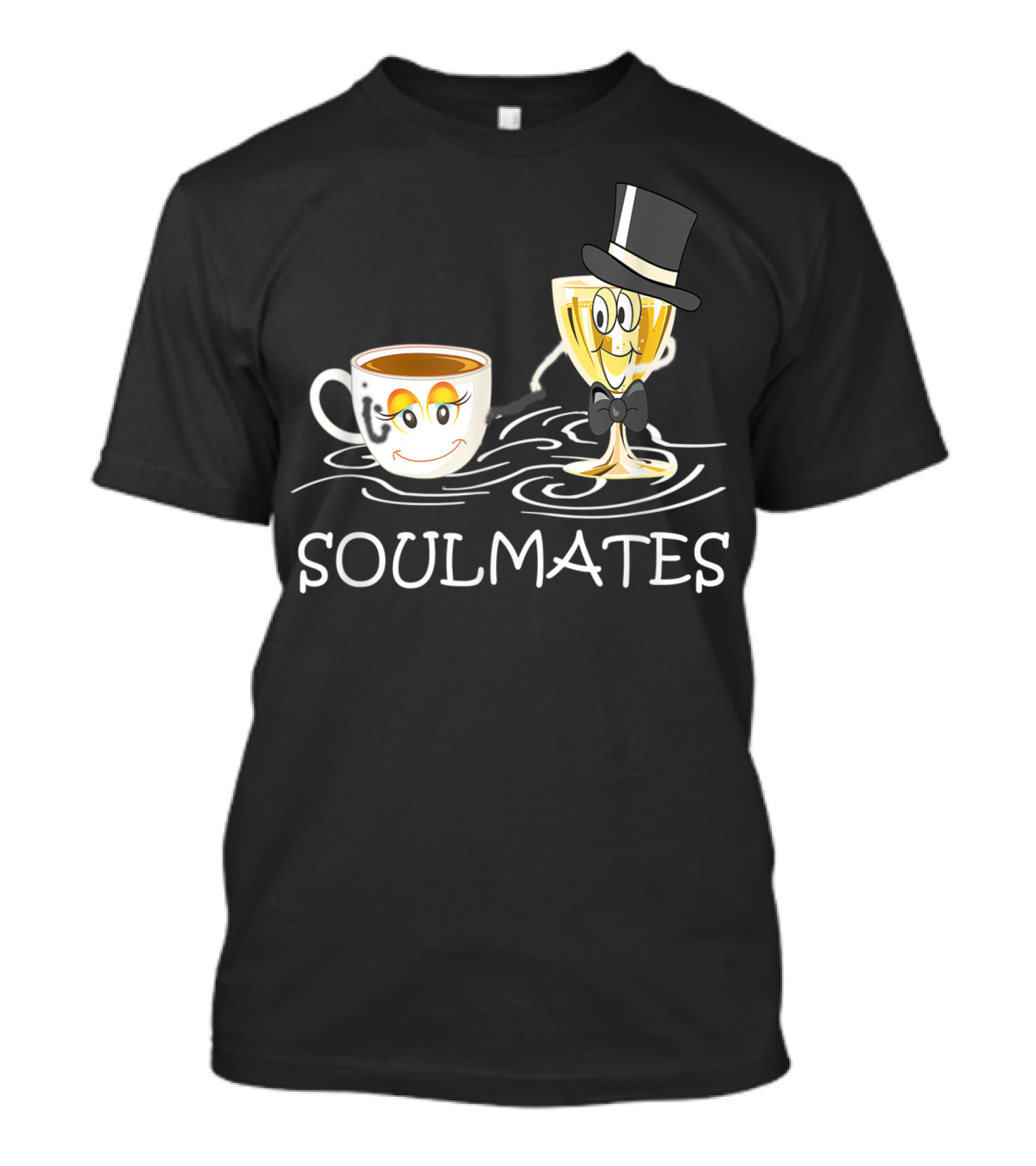 Funny Wine And Coffee Soulmates With Smiling Cup And Glass In Love T-Shirt