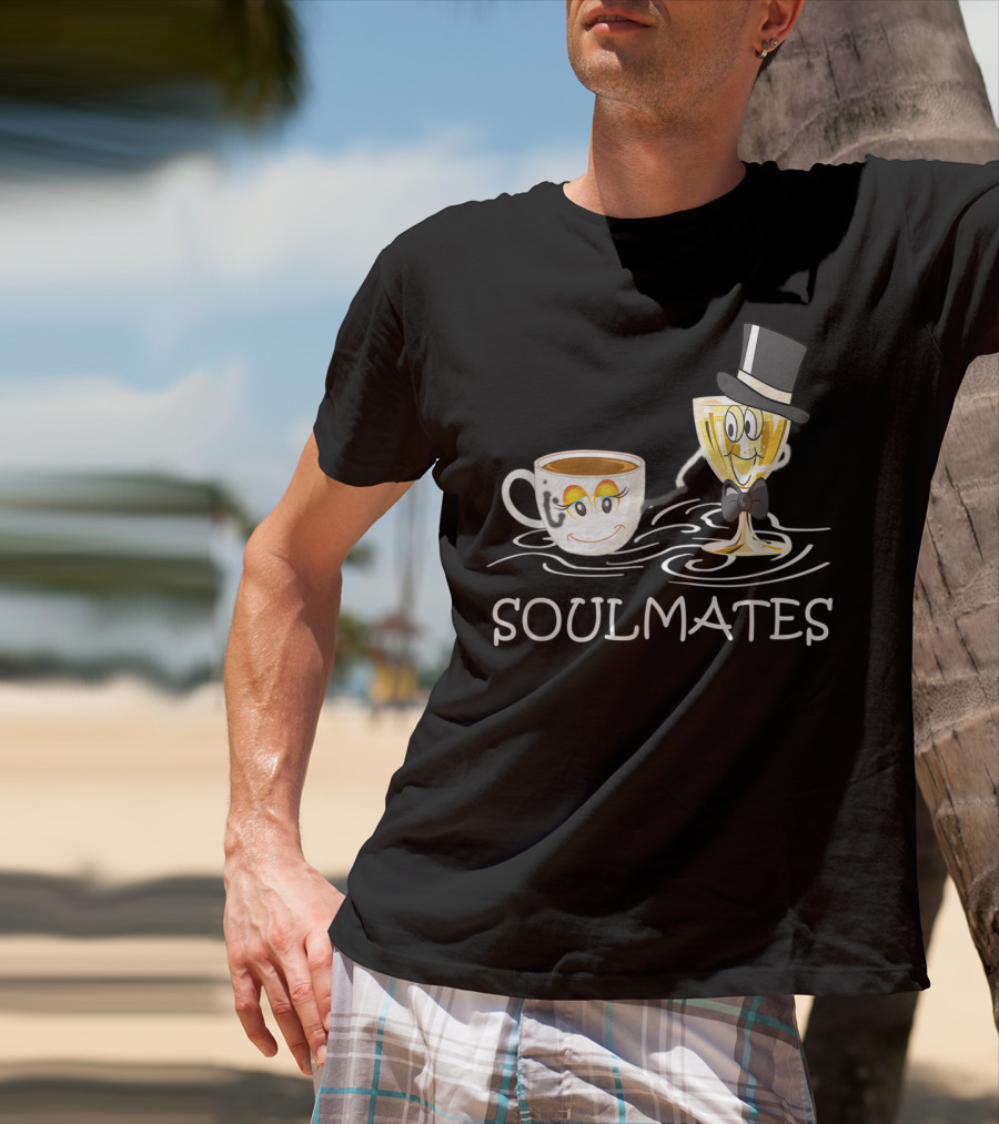 Funny Wine And Coffee Soulmates With Smiling Cup And Glass In Love T-Shirt