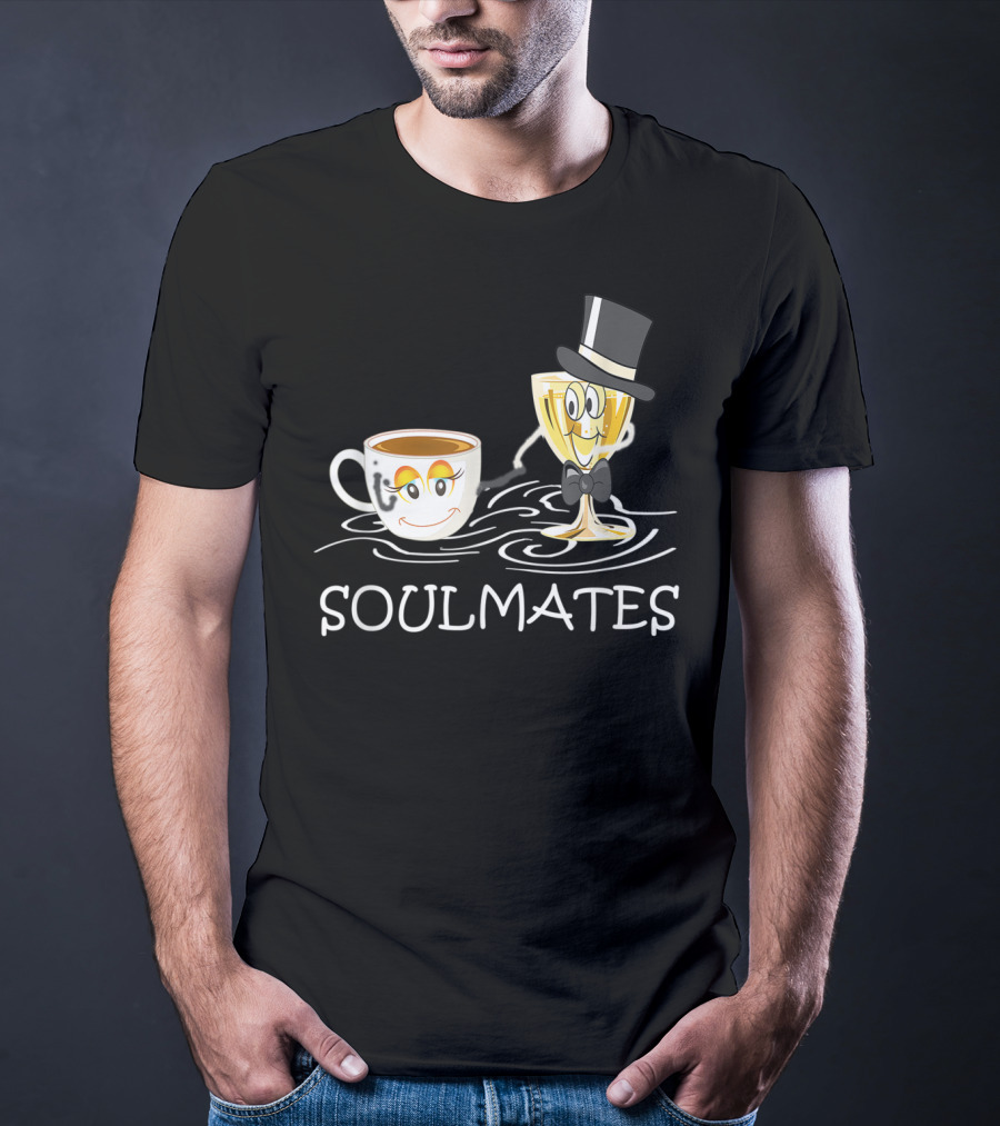 Funny Wine And Coffee Soulmates With Smiling Cup And Glass In Love T-Shirt