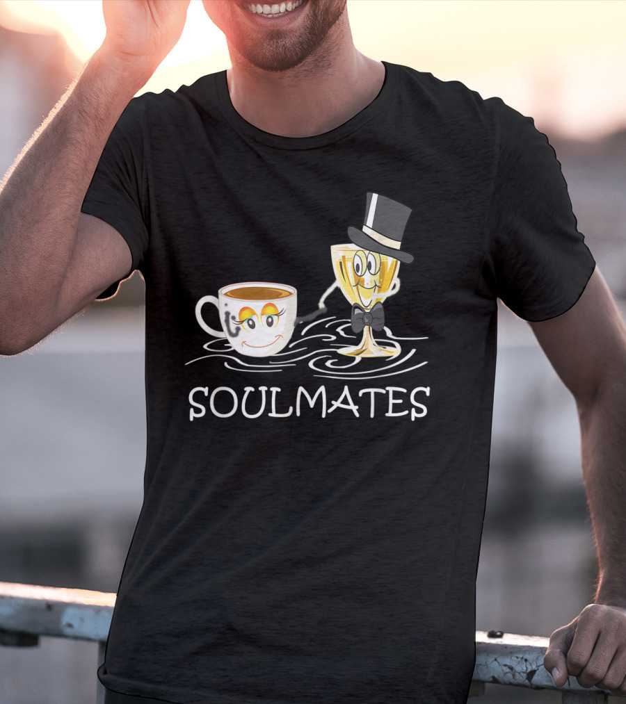 Funny Wine And Coffee Soulmates With Smiling Cup And Glass In Love T-Shirt