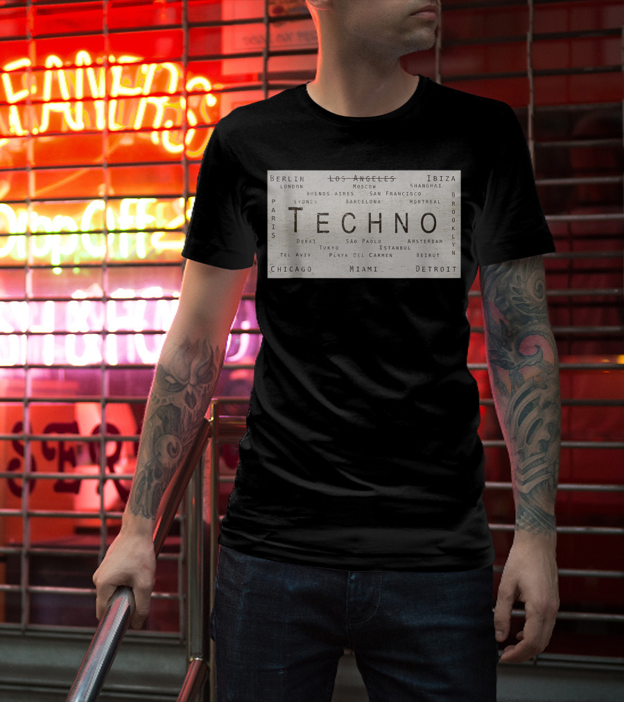 Techno Music Cities Berlin London Ibiza Detroit Paris Tokyo Miami Brooklyn Montreal T-Shirt