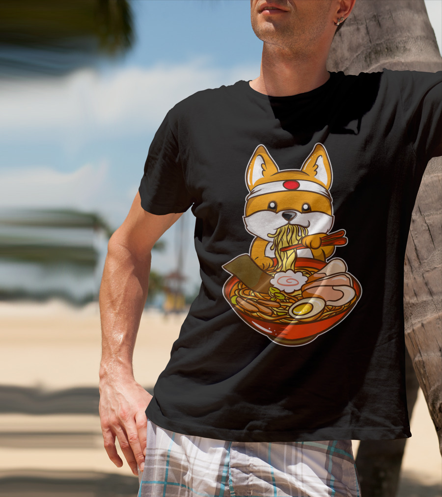 Kawaii Japanese Anime Shiba Inu Enjoying Ramen Bowl T-Shirt