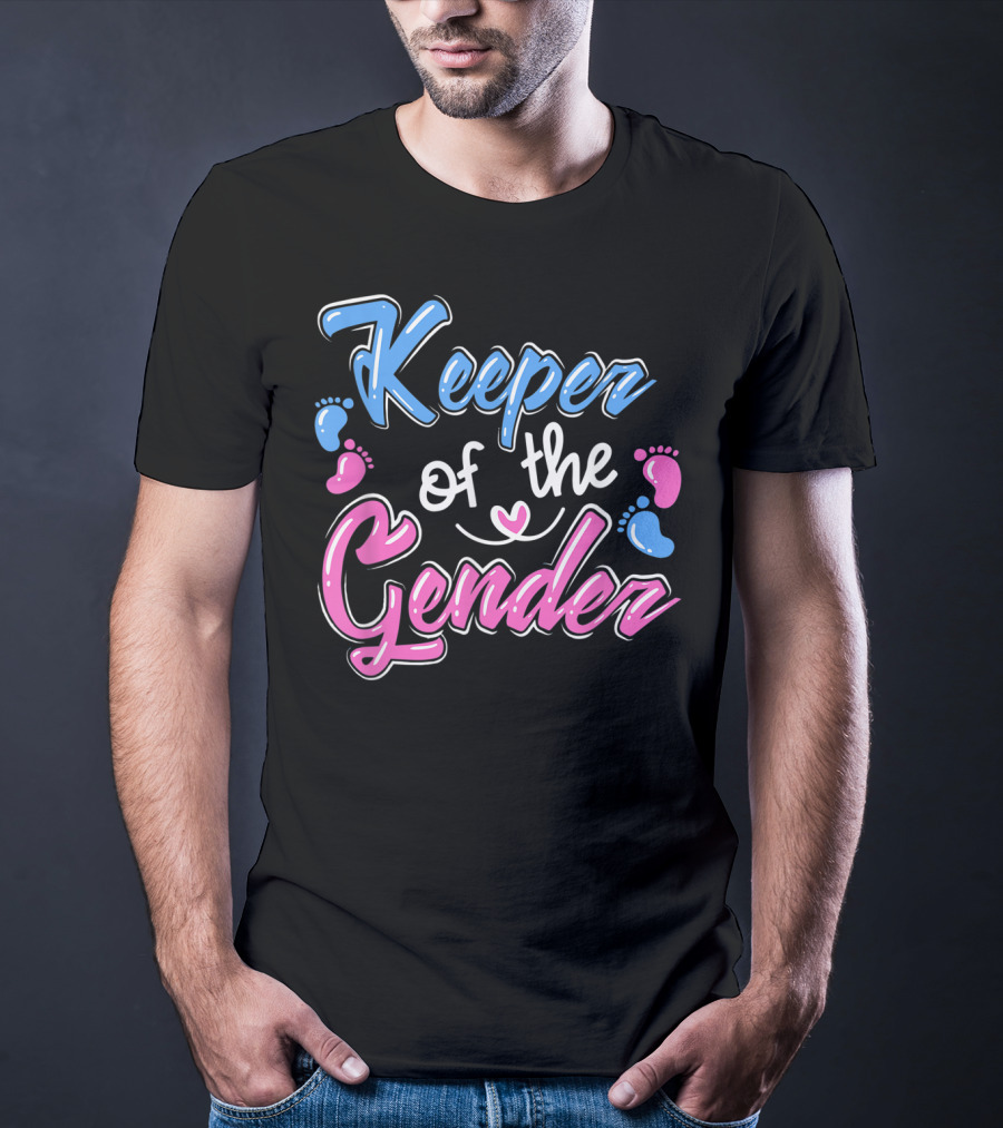 Keeper Of The Gender Reveal Announcement With Pink And Blue Baby Footprints T-Shirt