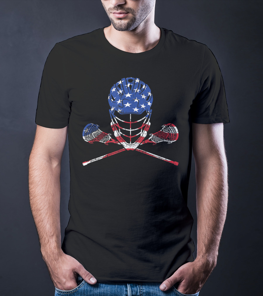 American Flag Lax Helmet And Sticks Lacrosse T-Shirt