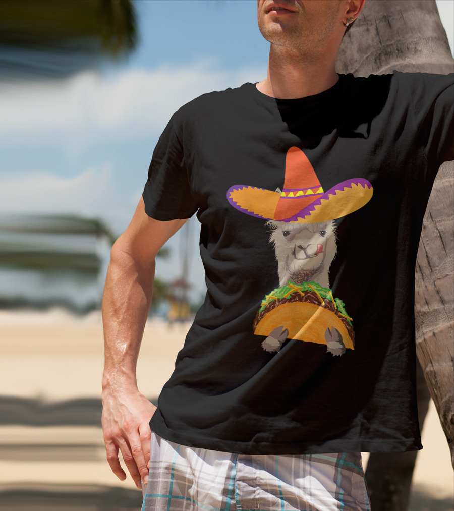 Llama Eating Taco With Sombrero Cool Mexican Alpaca T-Shirt
