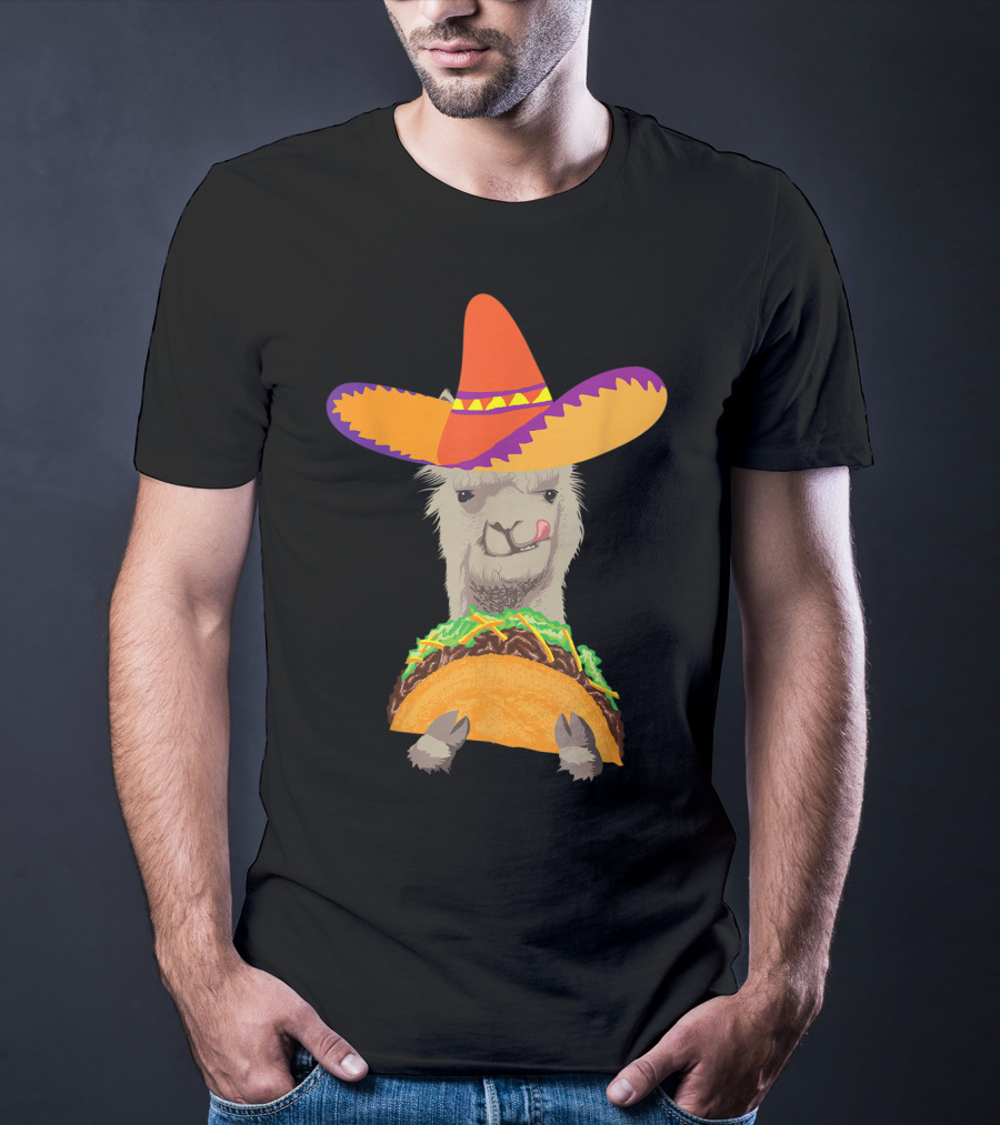 Llama Eating Taco With Sombrero Cool Mexican Alpaca T-Shirt