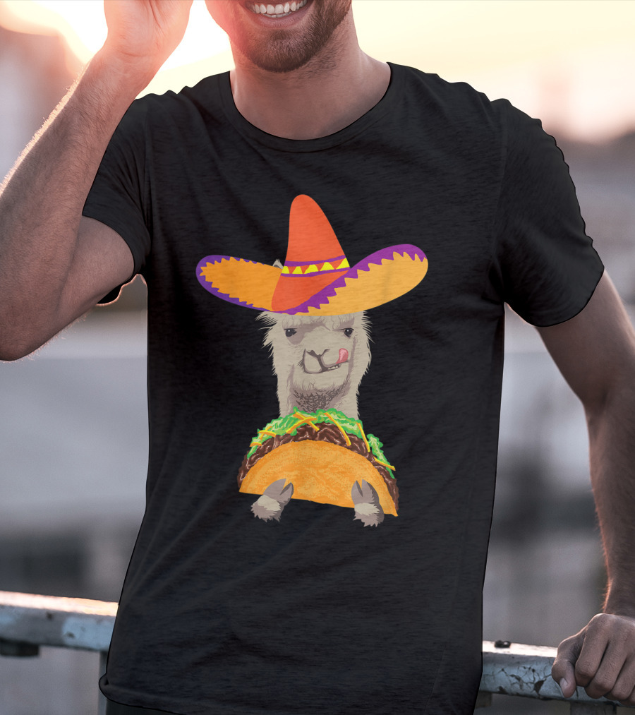 Llama Eating Taco With Sombrero Cool Mexican Alpaca T-Shirt