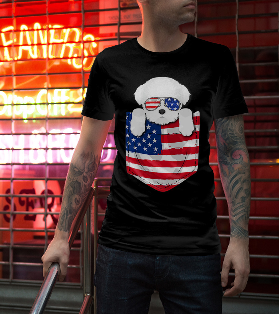 Maltese Dog Peeking Pocket American Flag Sunglasses T-Shirt