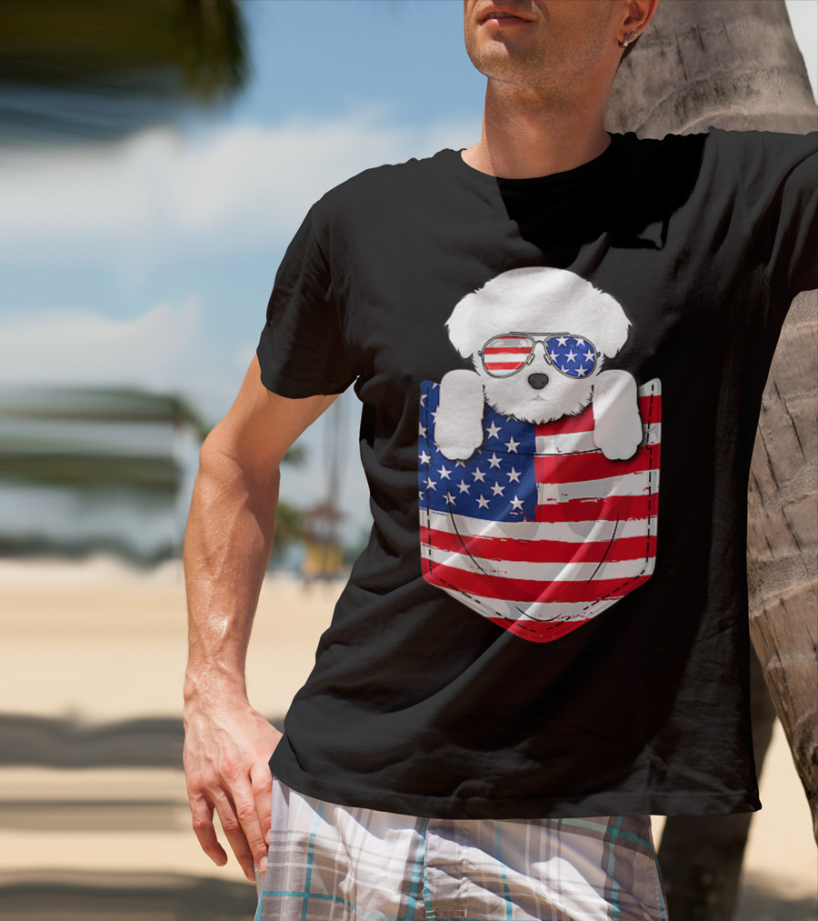 Maltese Dog Peeking Pocket American Flag Sunglasses T-Shirt