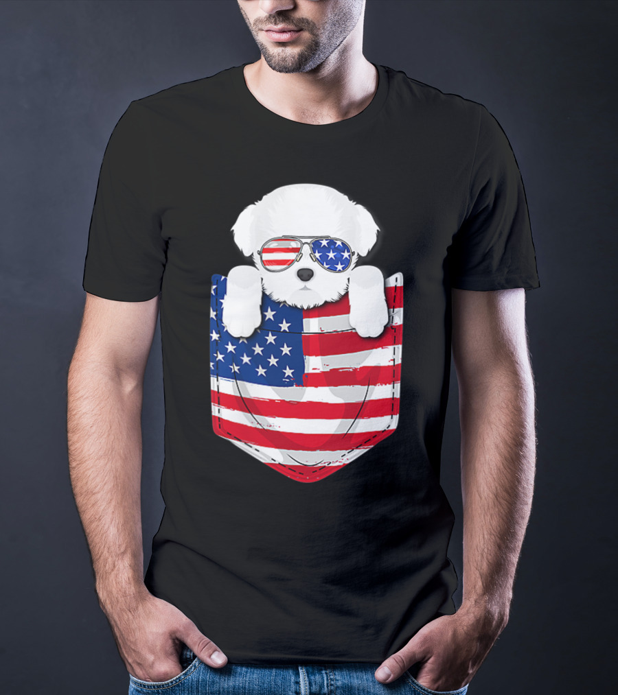Maltese Dog Peeking Pocket American Flag Sunglasses T-Shirt