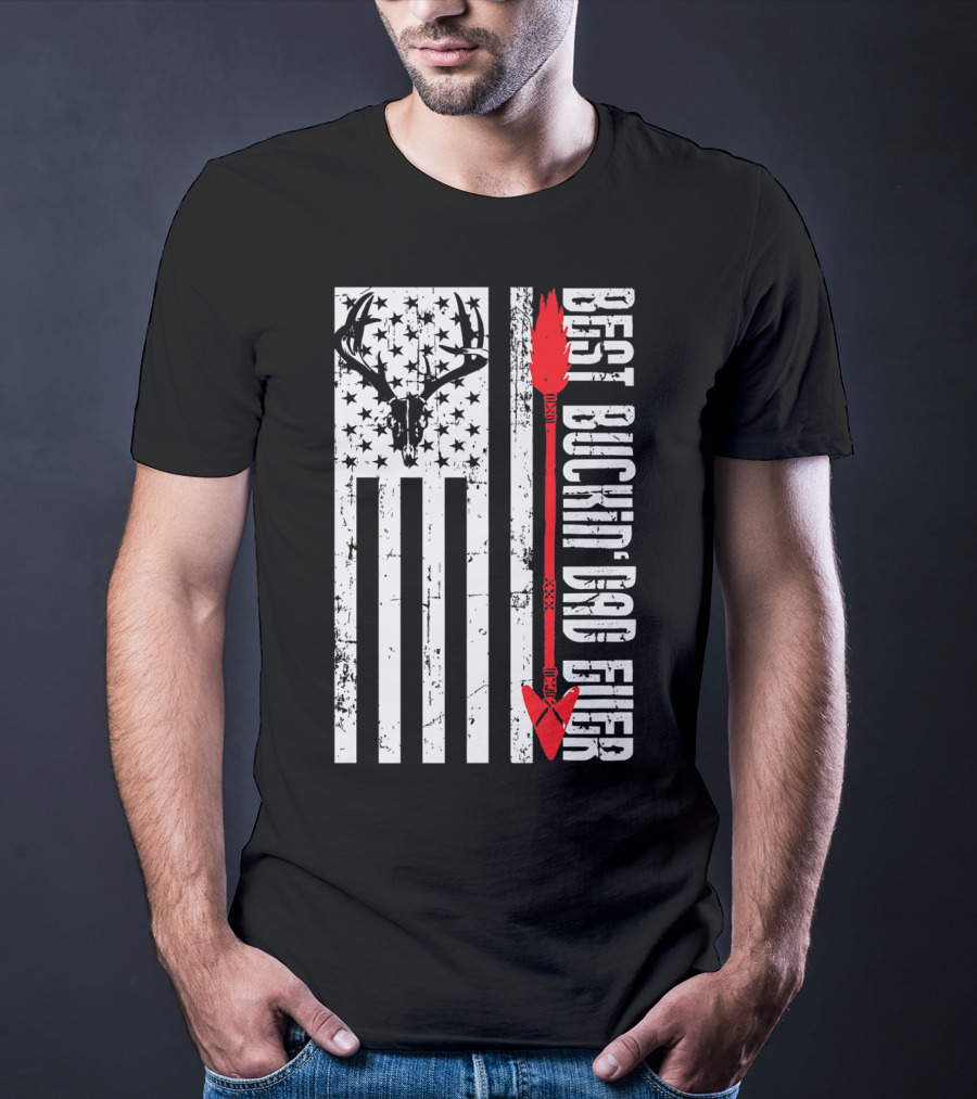 Best Buckin Dad Ever Flag Antlers Hunting Arrow T-Shirt