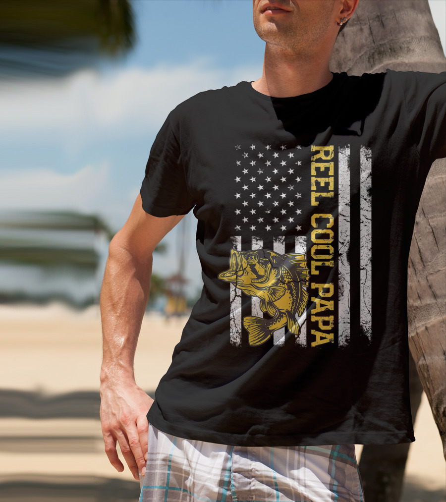 Father's Day Fishing Reel Cool Papa American Flag Bass T-Shirt