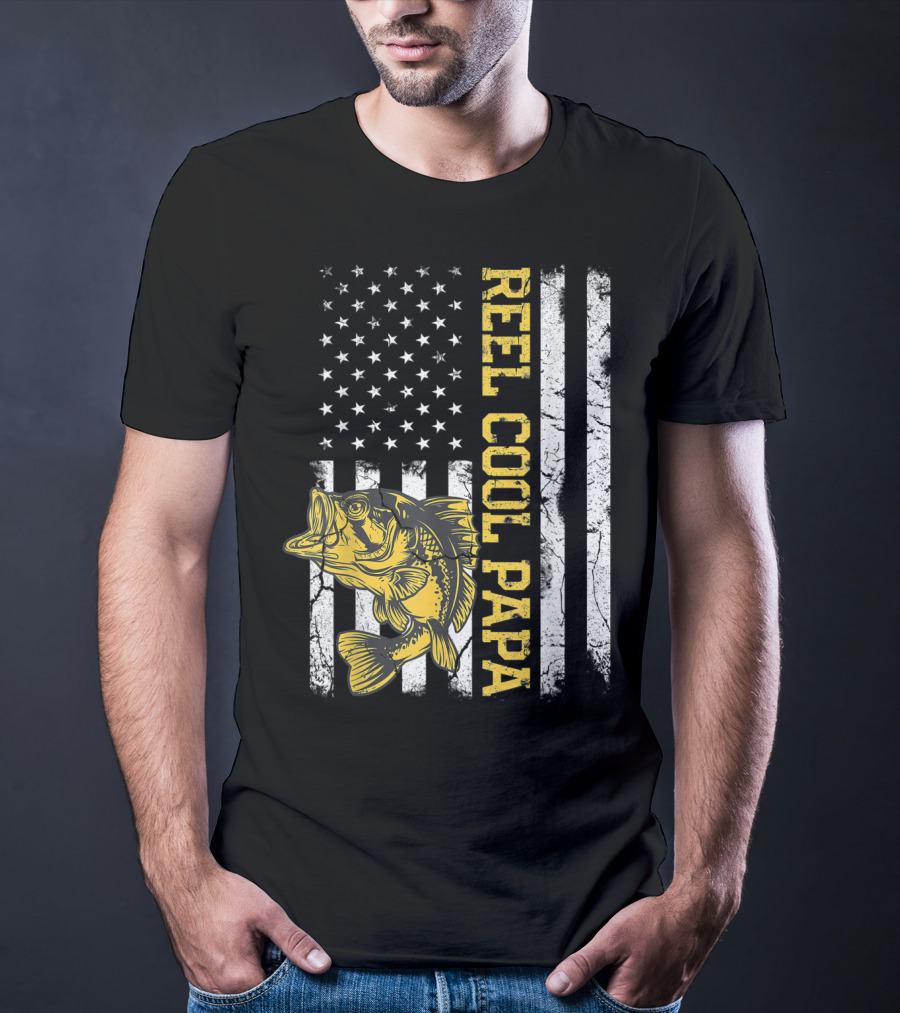Father's Day Fishing Reel Cool Papa American Flag Bass T-Shirt