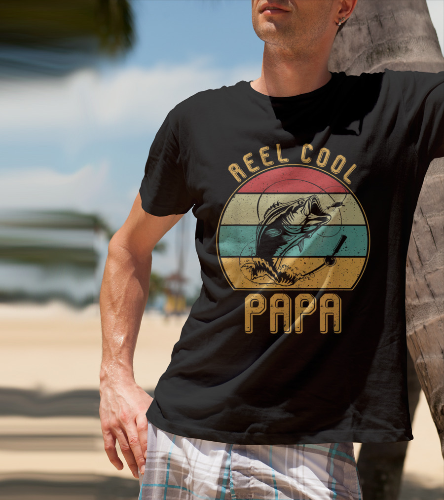 Reel Cool Papa Fishing Father's Day Retro Striped T-Shirt