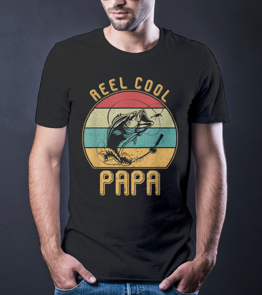 Reel Cool Papa Fishing Father's Day Retro Striped T-Shirt