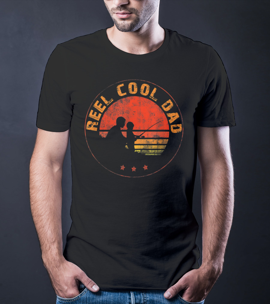 Reel Cool Dad Fishing Daddy Vintage Retro Sunset T-Shirt