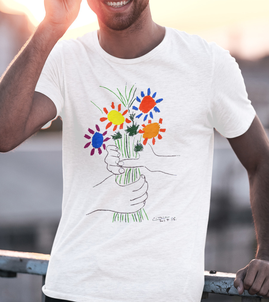 Pablo Picasso Colorful Bouquet With Hands Of Peace Signature 1958 T-Shirt