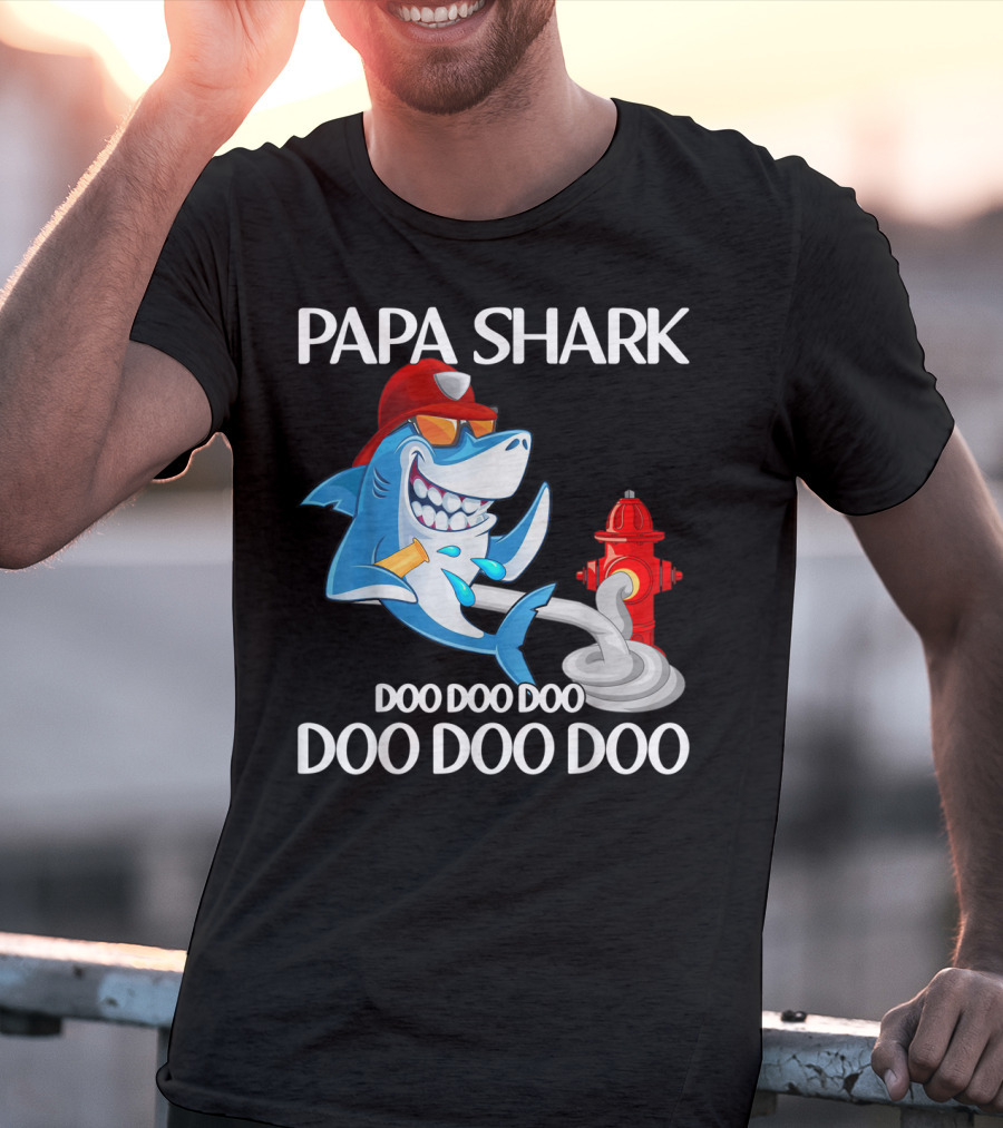 Papa Shark Doo Doo Doo Firefighter Father's Day Fun T-Shirt