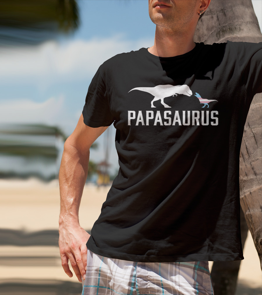 Papasaurus Transgender Flag T-Rex And Baby Dinosaurs T-Shirt