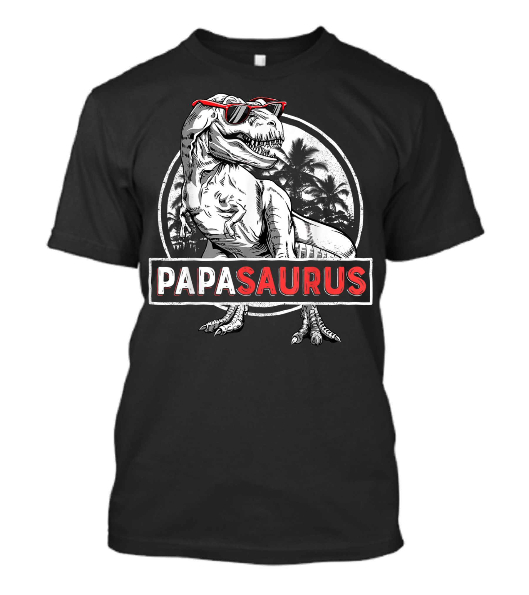 Papasaurus Rex Dinosaur With Sunglasses And Palm Trees T-Shirt