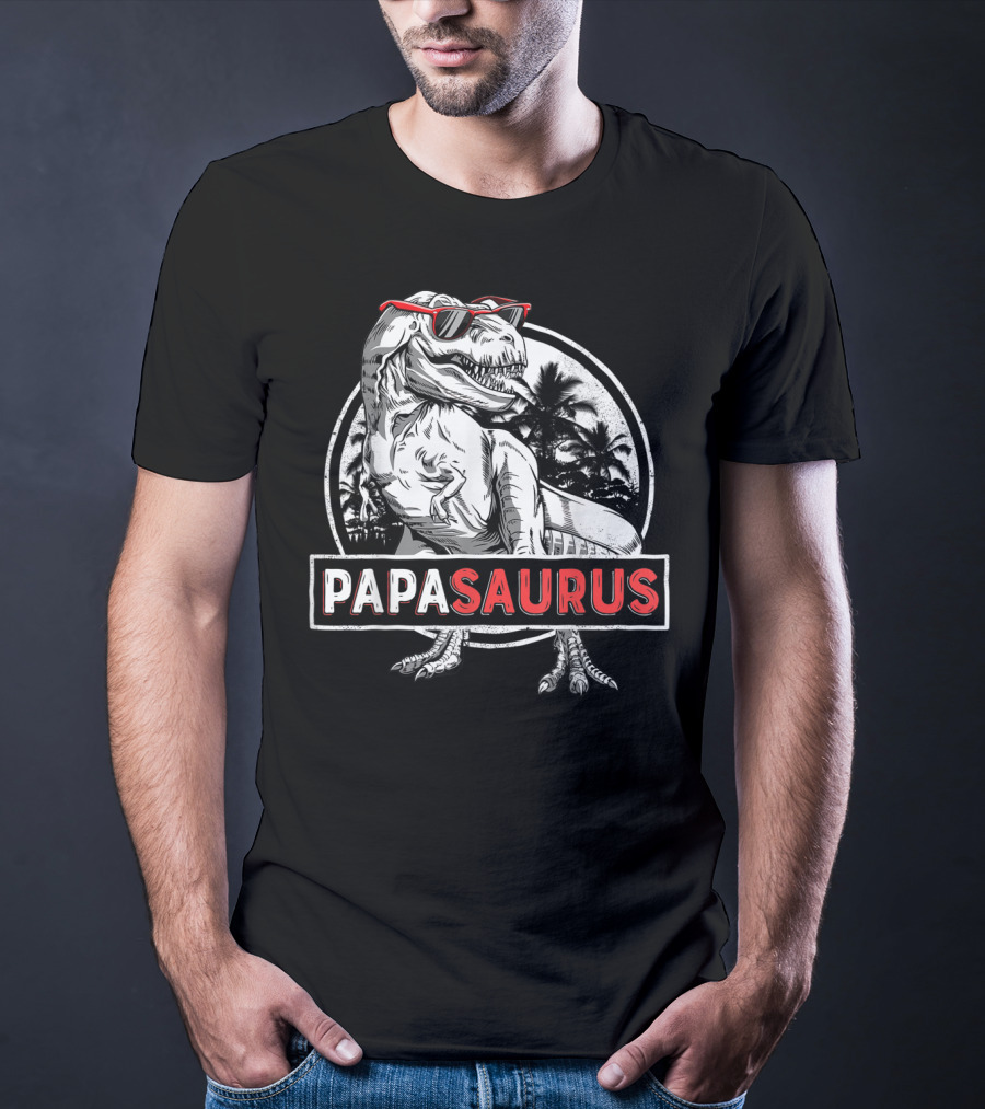Papasaurus Rex Dinosaur With Sunglasses And Palm Trees T-Shirt