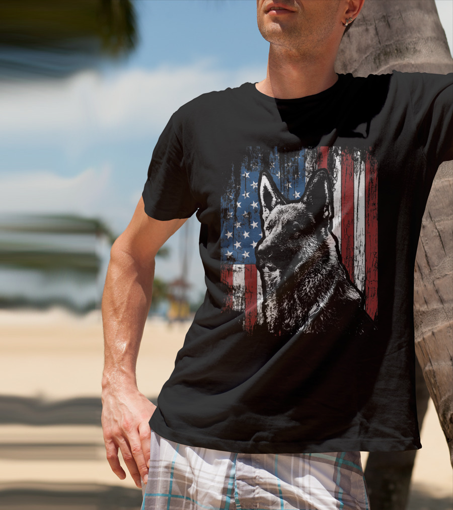 Patriotic German Shepherd With American Flag Background T-Shirt