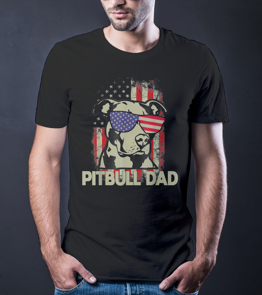 Pitbull Dad USA Flag Sunglasses American Fourth Of July T-Shirt