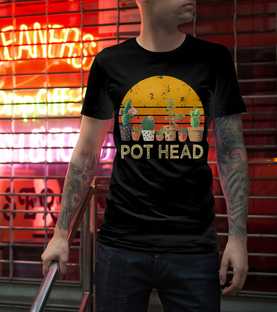 Pot Head Stone Flowers Cactus Vintage Sunset T-Shirt