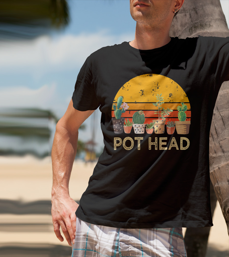 Pot Head Stone Flowers Cactus Vintage Sunset T-Shirt