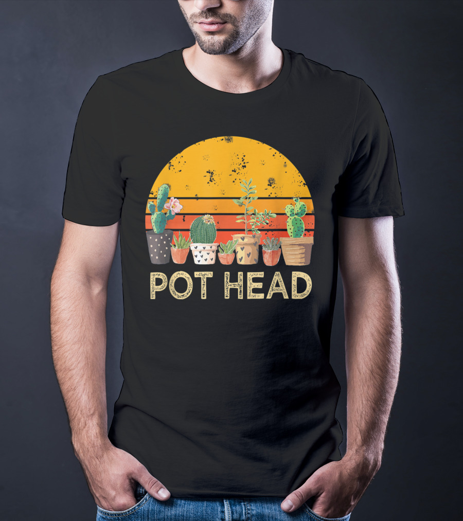 Pot Head Stone Flowers Cactus Vintage Sunset T-Shirt
