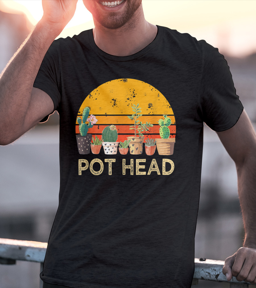 Pot Head Stone Flowers Cactus Vintage Sunset T-Shirt