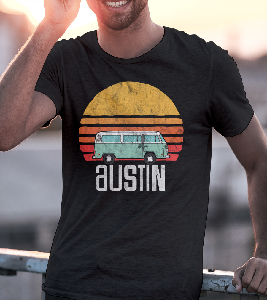 Retro Austin Texas Hippie Van Sunset Beach Bum Surfer T-Shirt