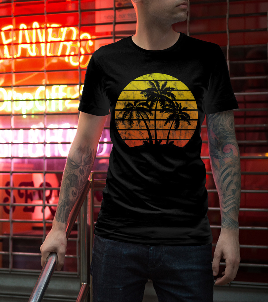 Retro Vintage Sunset Coco Palm Tree Tropica T-Shirt