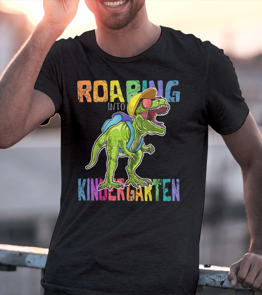 Roaring Into Kindergarten Dinosaur Rex With Backpack And Sunglasses T-Shirt