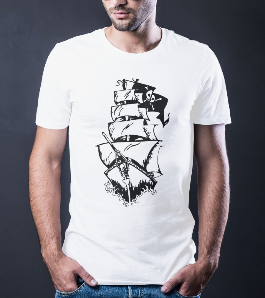 Pirate Ship With Jolly Roger Flag And Skeleton Captain T-Shirt