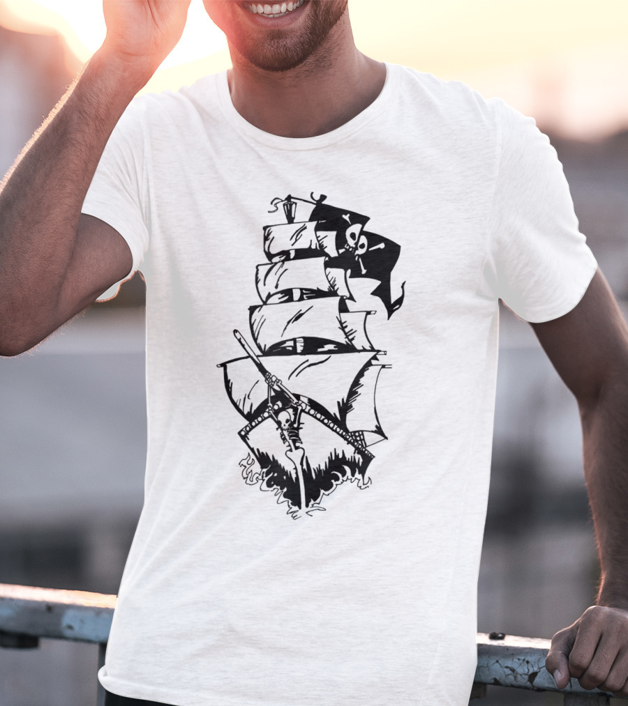 Pirate Ship With Jolly Roger Flag And Skeleton Captain T-Shirt