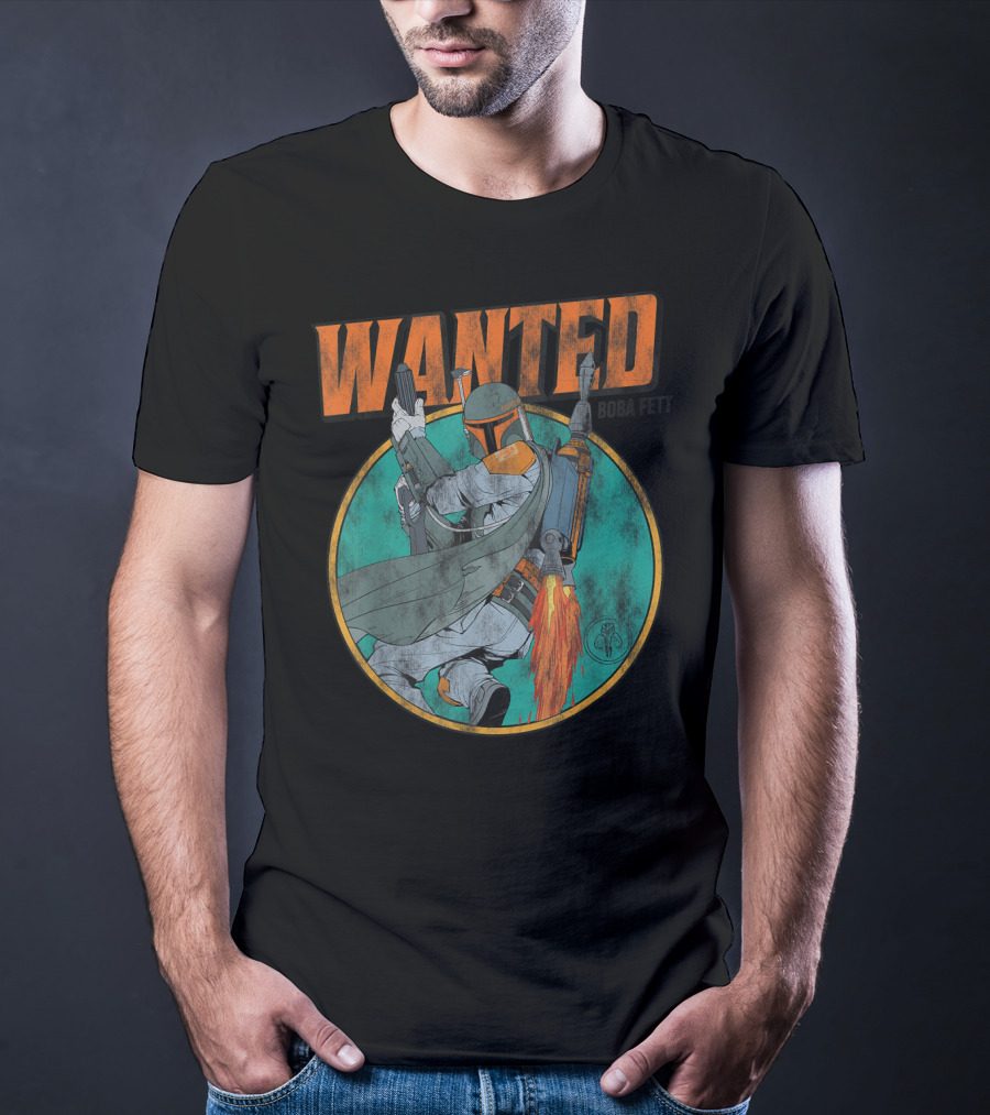 Wanted Boba Fett Star Wars Distressed Mandalorian Jetpack T-Shirt