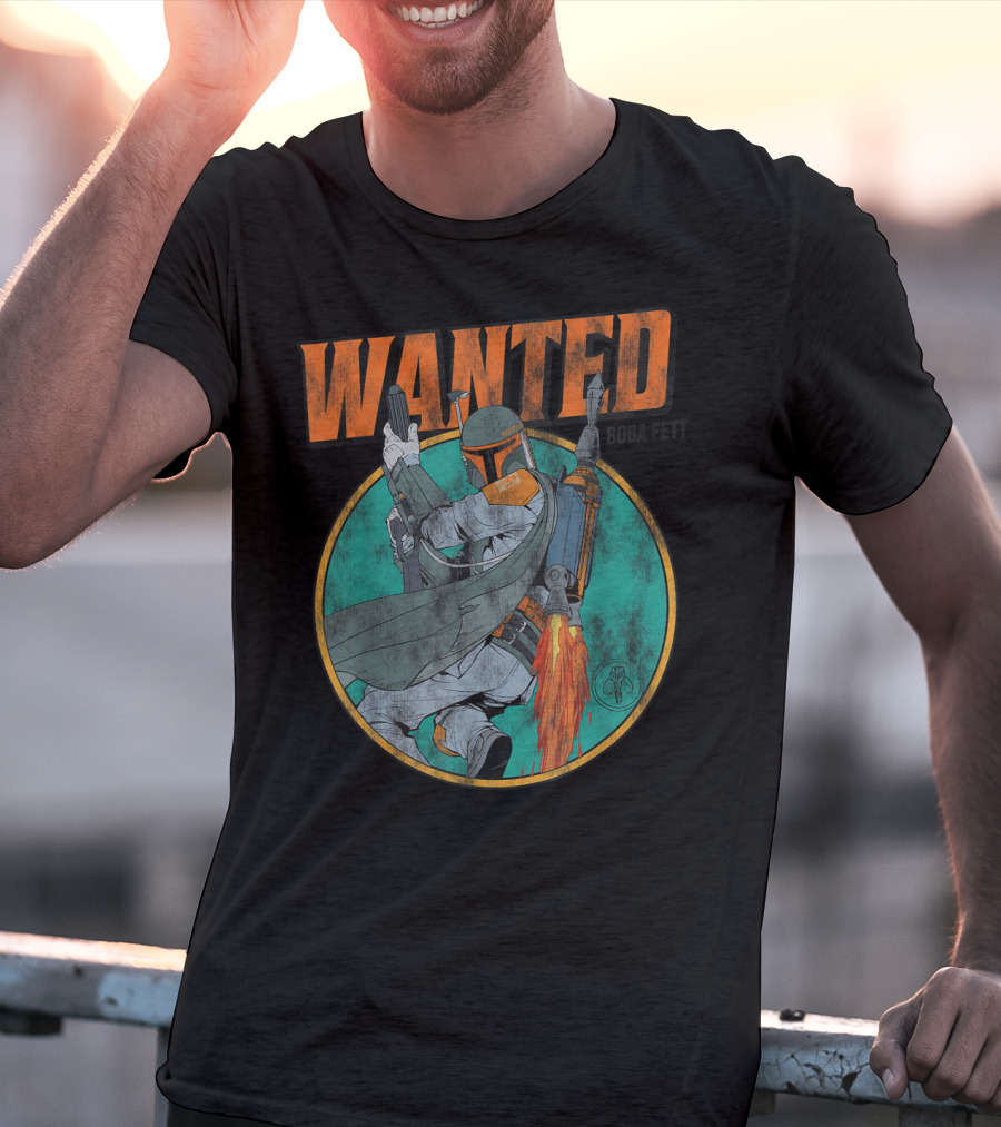 Wanted Boba Fett Star Wars Distressed Mandalorian Jetpack T-Shirt
