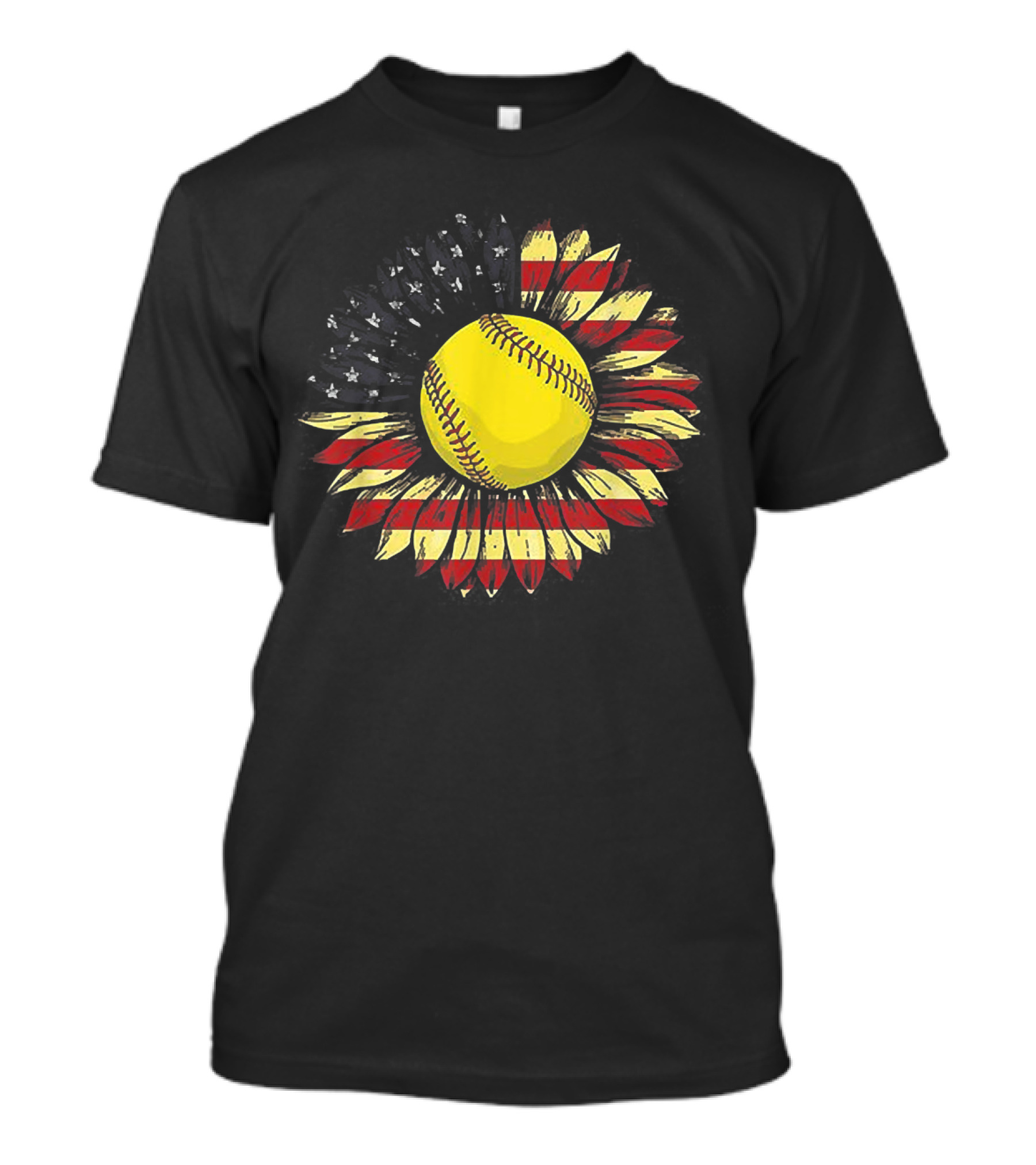 Sunflower Softball American Flag Baseball Stitching Sunflower Petals USA Colors T-Shirt