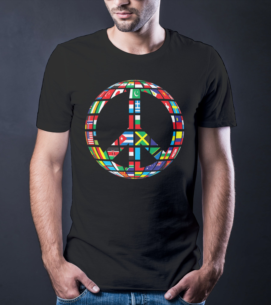 Global Peace Symbol With International Flags Multicultural Unity T-Shirt