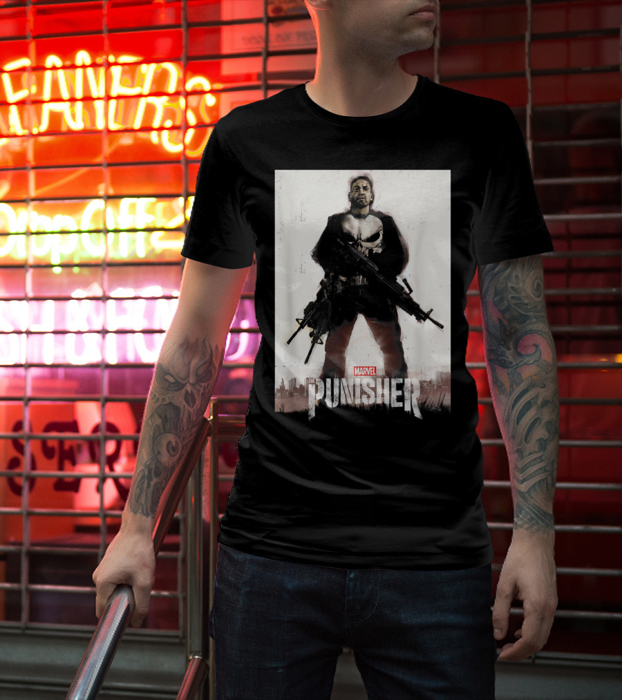 Marvel The Punisher Frank Castle One Man Army Standing With Weapons And Skull Emblem T-Shirt