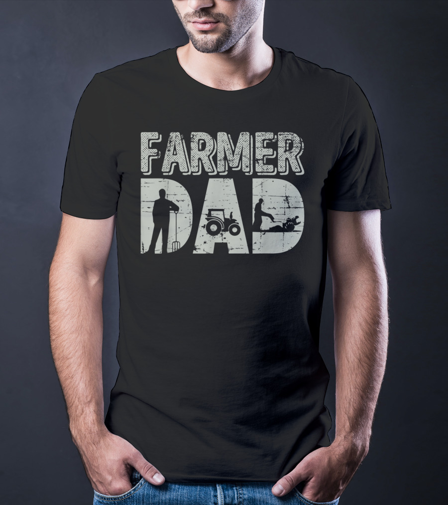 Farmer Dad Farming Tractor And Pitchfork T-Shirt