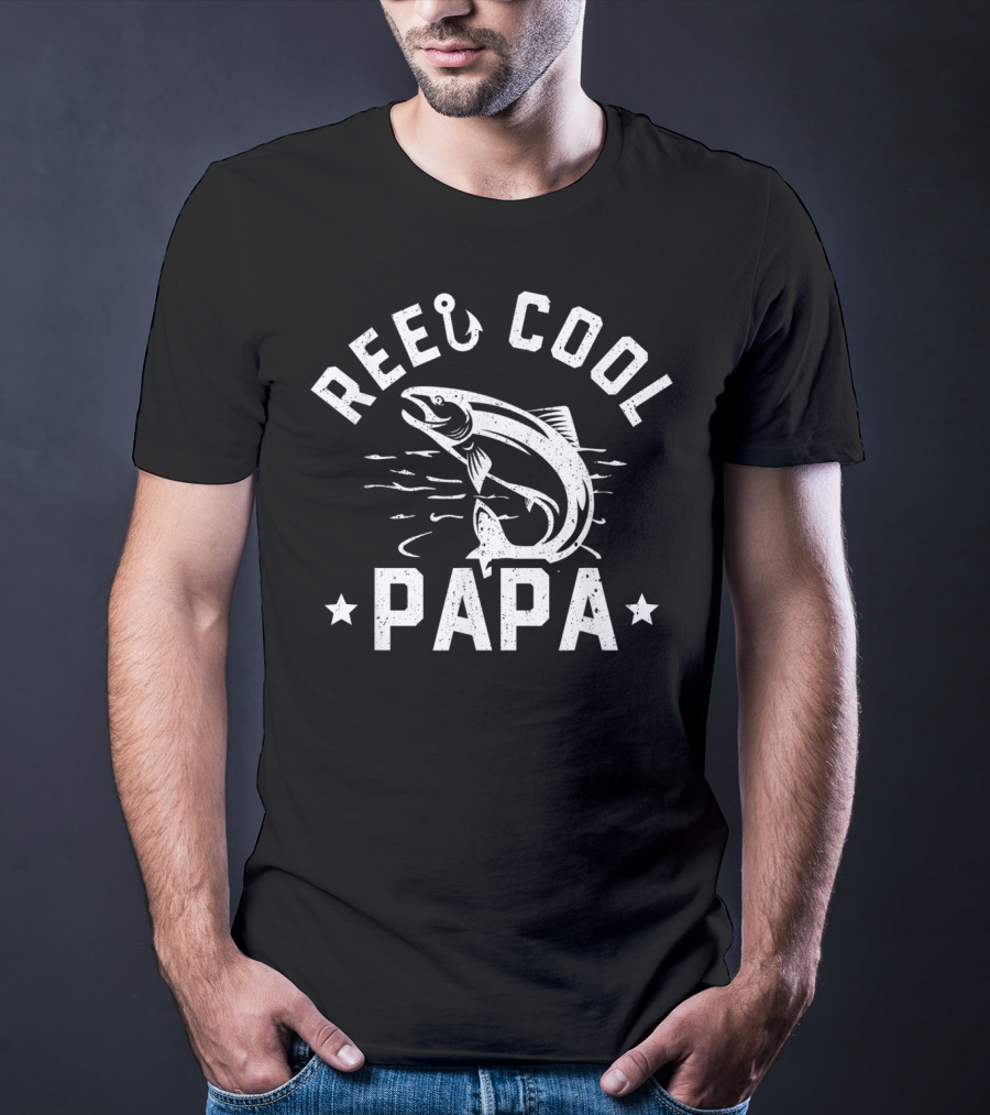 Mens Reel Cool Papa Fishing Fathers Funny Fish Hook T-Shirt