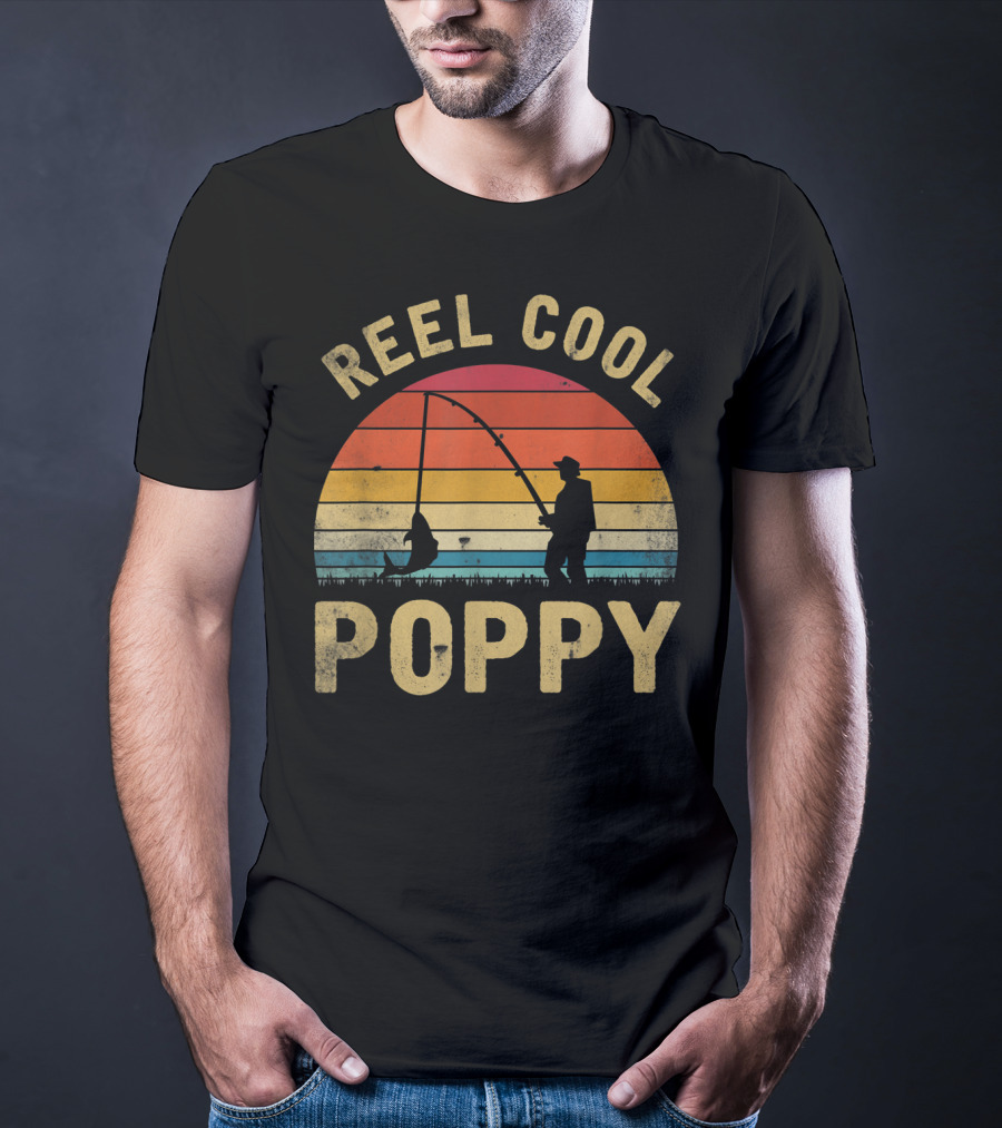Reel Cool Poppy Vintage Fishing Silhouette Retro Sunset T-Shirt