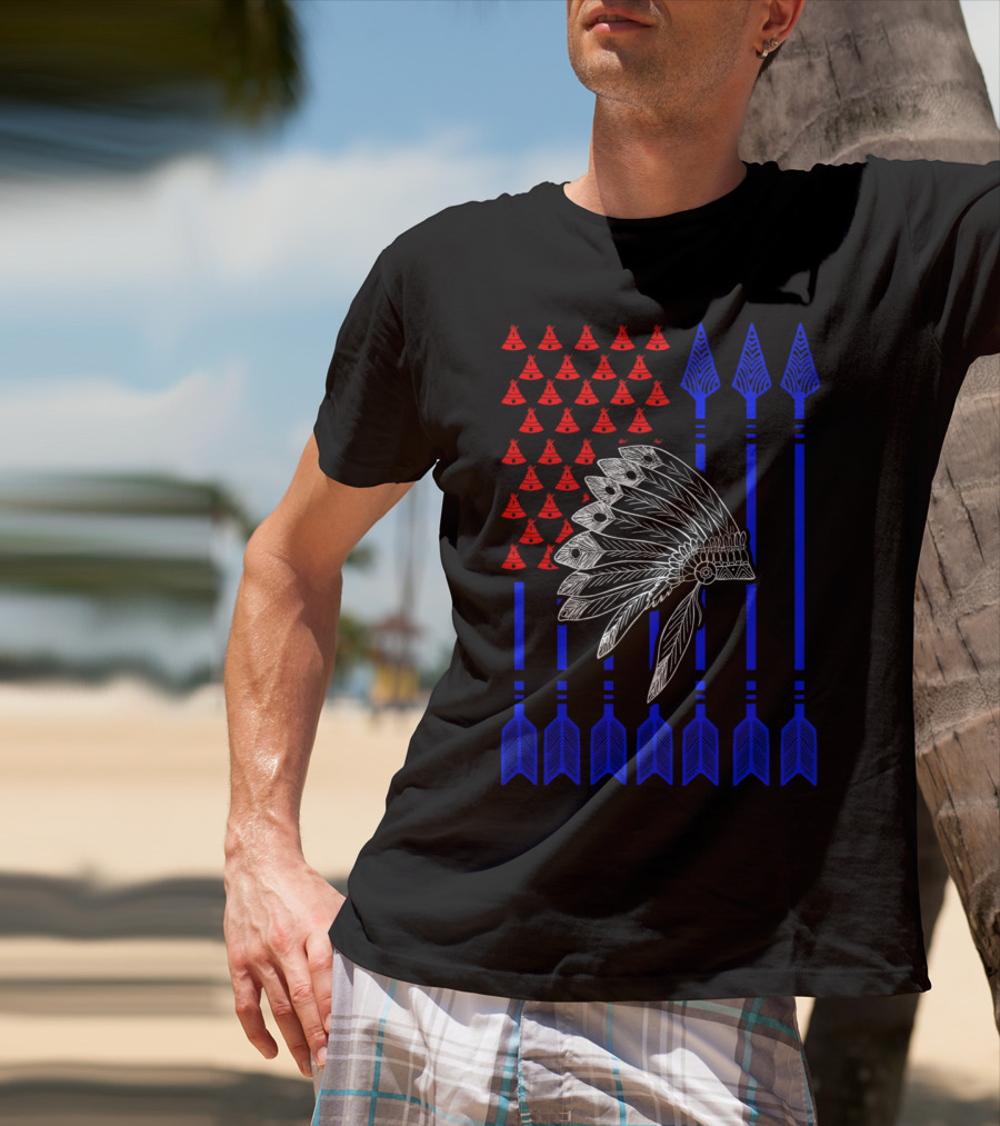 Native American Day Headdress Red Teepees Blue Arrows Flag T-Shirt
